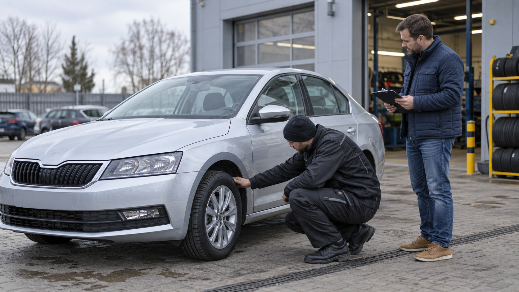 Mechanik kontroluje koło używanego samochodu podczas oględzin przed zakupem
