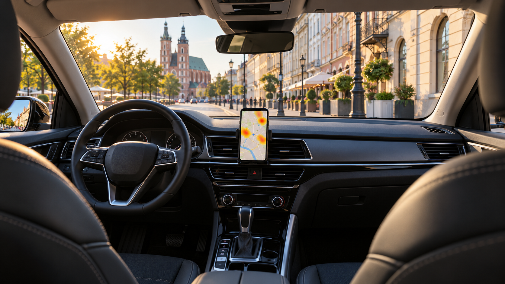 Puste auto z kierownicą po lewej i telefonem pokazującym abstrakcyjną mapę popytu