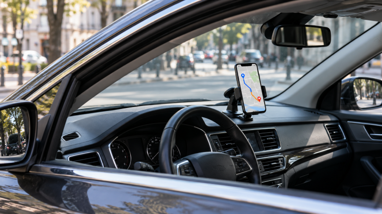 Telefon z mapą trasy w uchwycie we wnętrzu samochodu podczas postoju