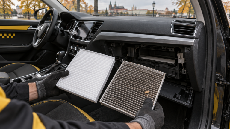 Mechanik porównuje nowy i zabrudzony filtr kabinowy w aucie taxi