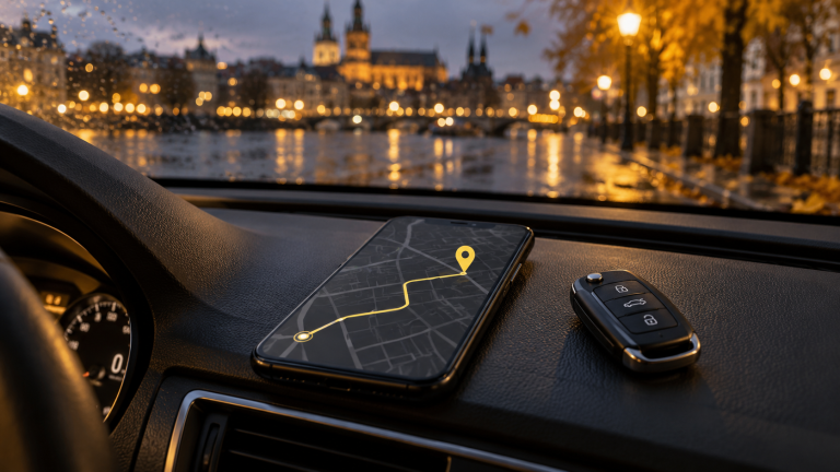 Telefon z mapą i żółtym celem na desce zaparkowanego samochodu
