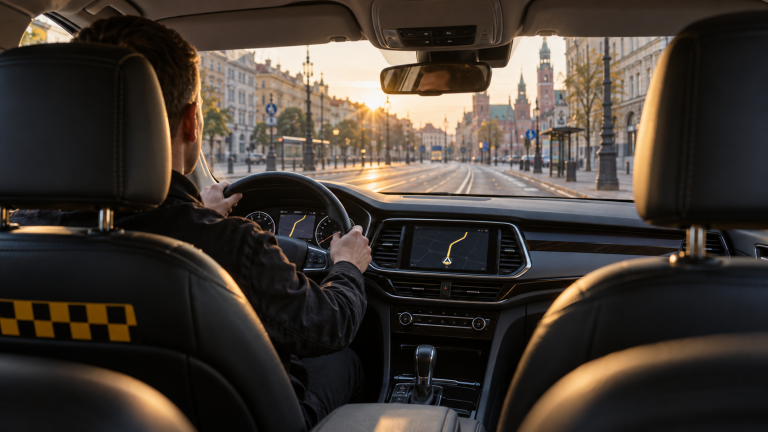 Kierowca taxi na lewym fotelu prowadzi pusty samochód ulicą o poranku