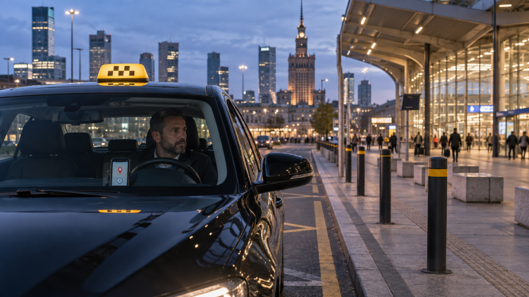 Kierowca taxi czeka na pasażera przy punkcie odbioru obok dworca