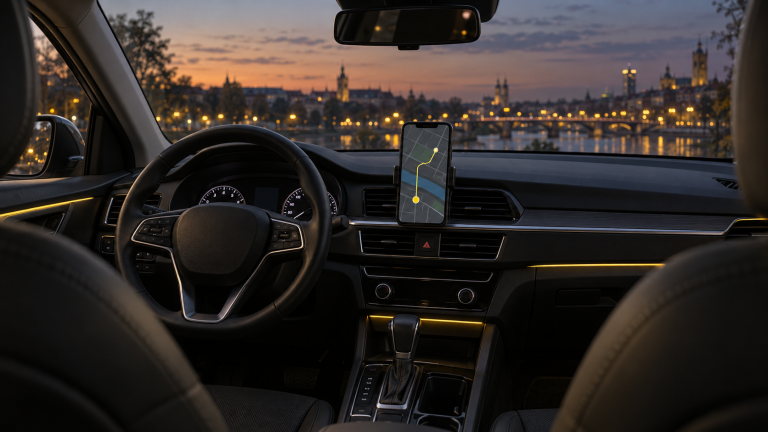 Telefon z mapą trasy w uchwycie zaparkowanego auta taxi z kierownicą po lewej stronie